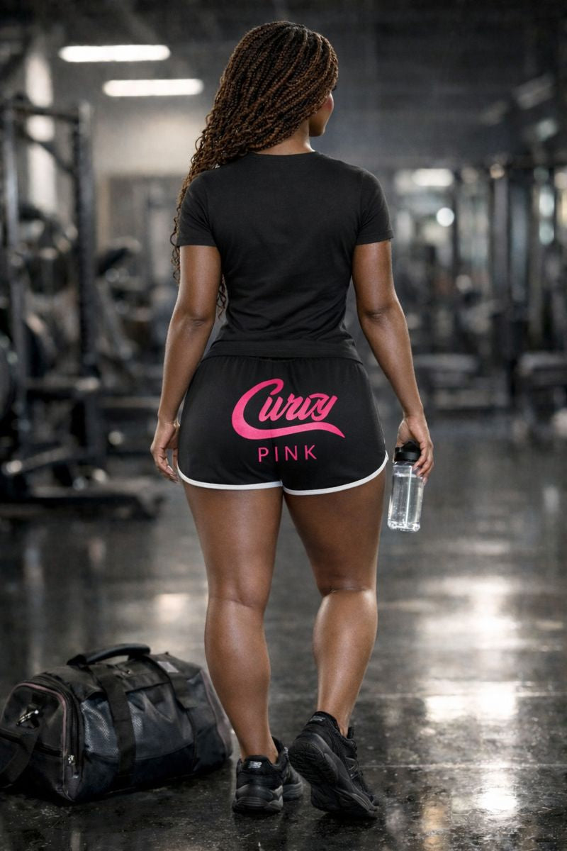 Midnight Black Curvy Pink Workout Shorts with signature logo on front and back