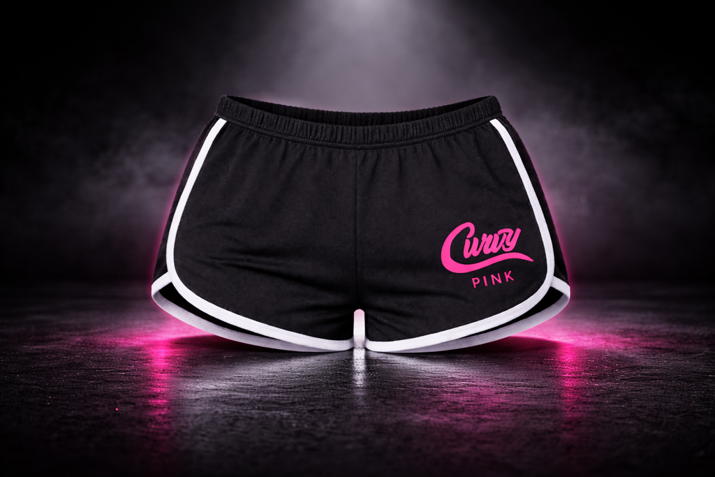 Midnight Black Curvy Pink Workout Shorts with signature logo on front and back