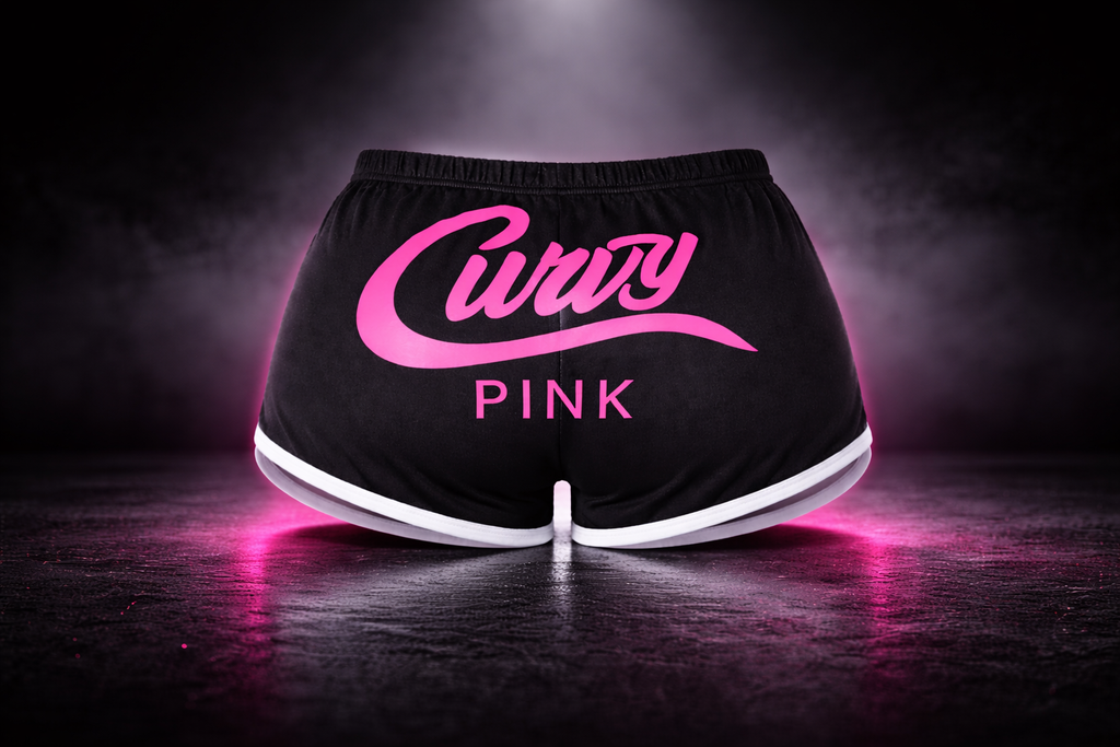 Midnight Black Curvy Pink Workout Shorts with signature logo on front and back