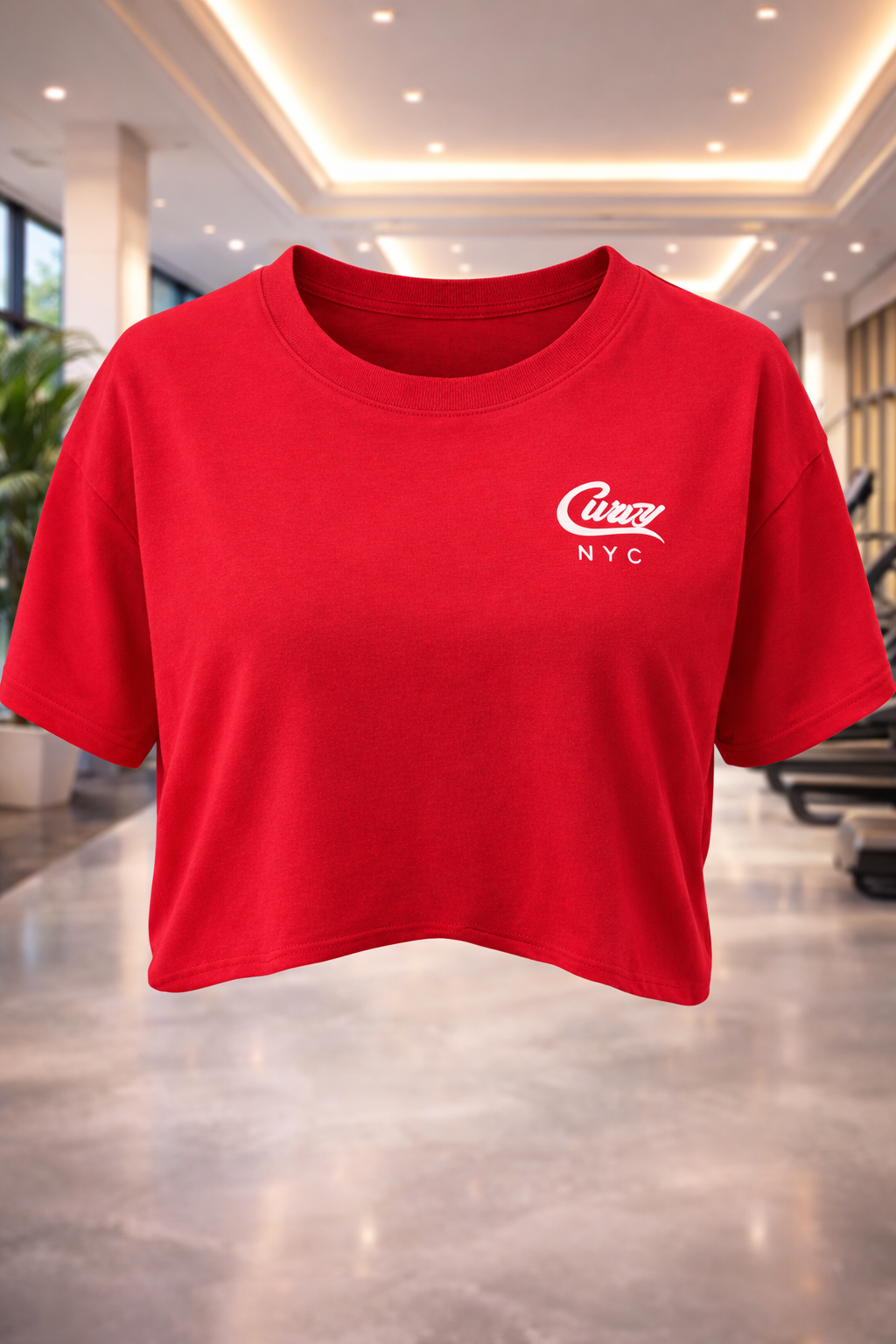 cherry red crop top tee with matching shorts with signature logo