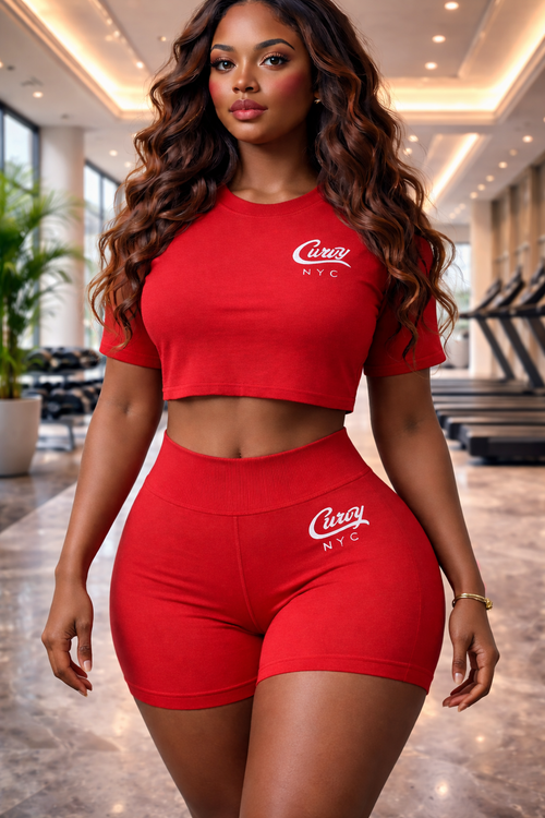 cherry red crop top tee with matching shorts with signature logo