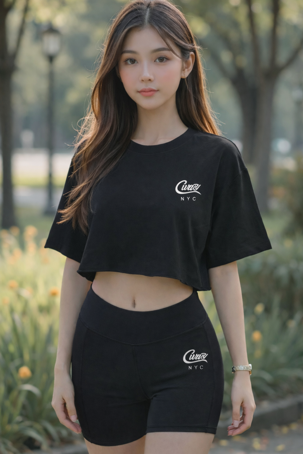 Midnight Black crop top tee with matching shorts with signature logo