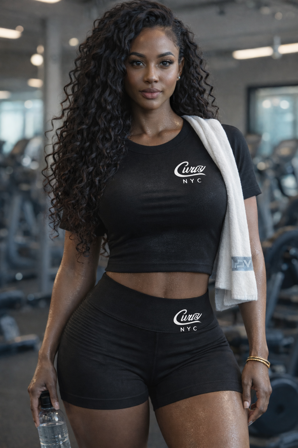 Midnight Black crop top tee with matching shorts with signature logo