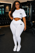 Curvy Fit NYC Women's White 2-Piece Activewear Set – Crop Top Tee & High-Waist Leggings with Signature Logo